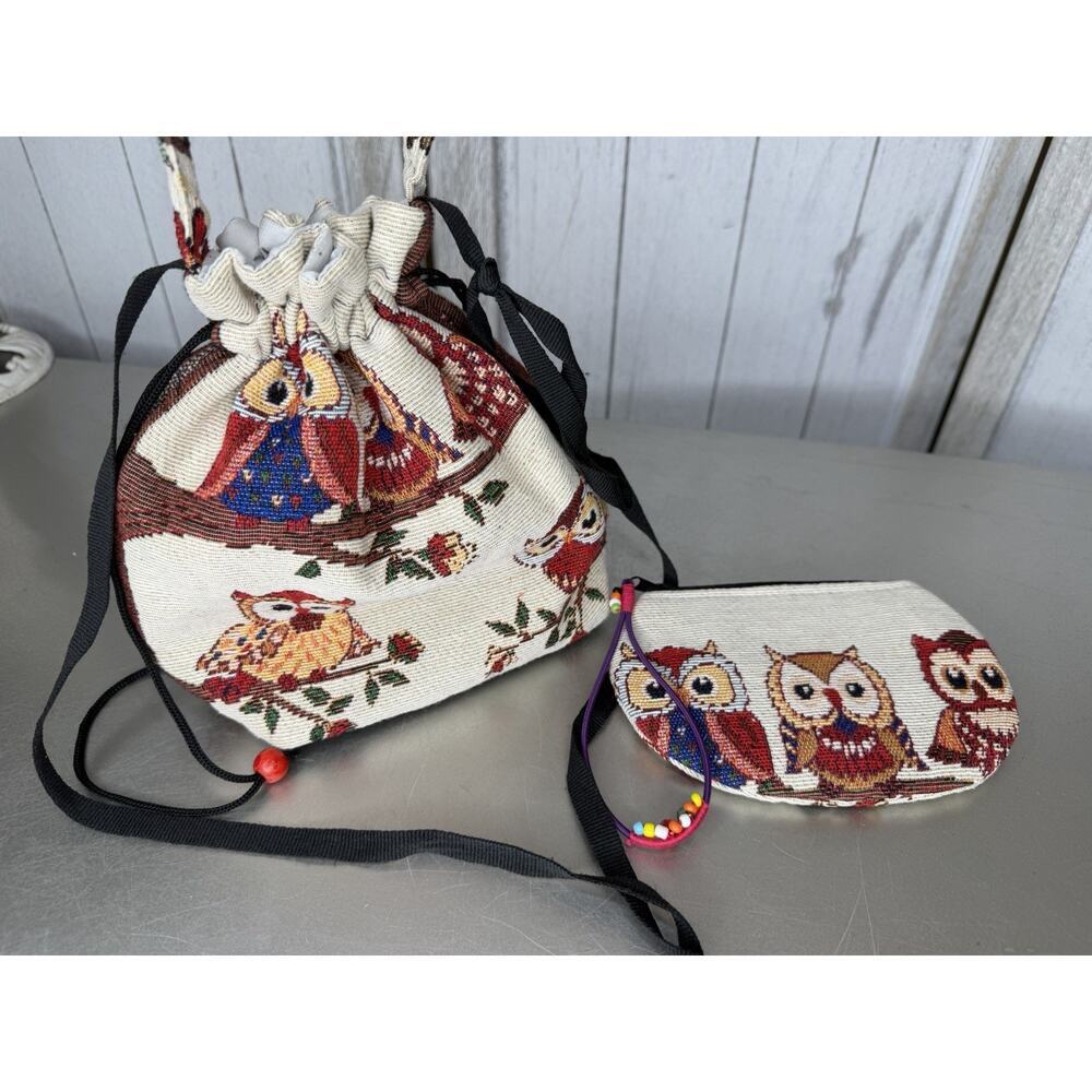 VTG Owl Bag Small Drawstring Bag Boho Cottage With Mini Matching Pouch